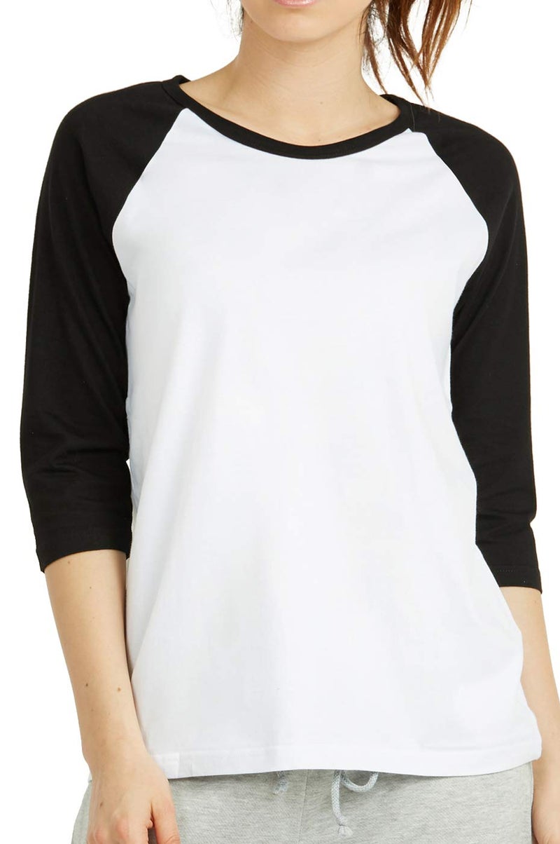 Cottonbell Women's Baseball Quarter Sleeve Tee Shirt (L, White/Black) - Image 3